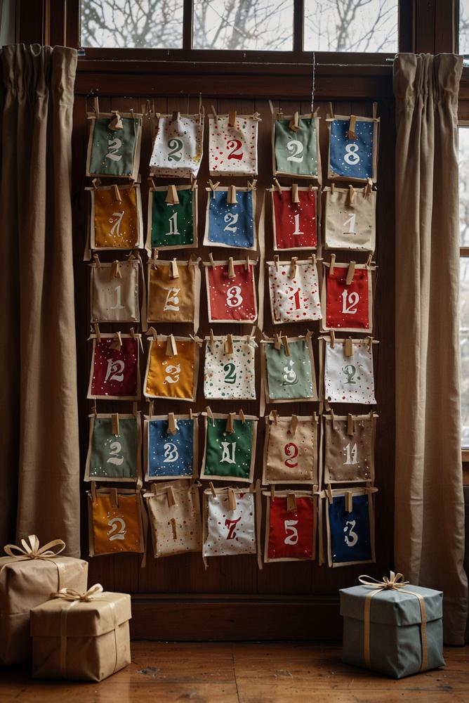 Fensterrahmen als Adventskalender mit 24 Täschchen