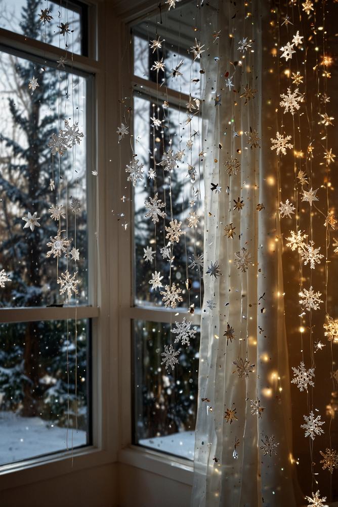 Heller Fensterrahmen mit Lichtervorhang und transparenten Ornamenten