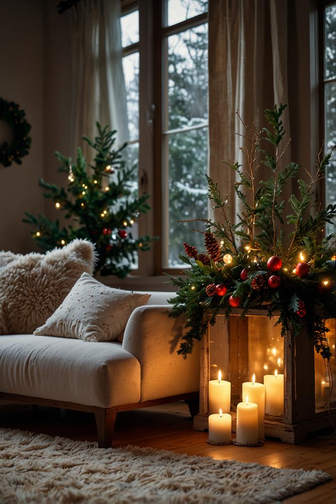 Weihnachtlich dekorierter Fensterrahmen mit Tannengruen und Lichterketten