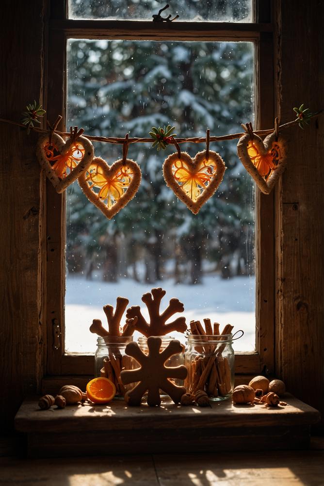 Fensterrahmen mit Lebkuchen und getrockneten Orangenscheiben weihnachtlich dekoriert