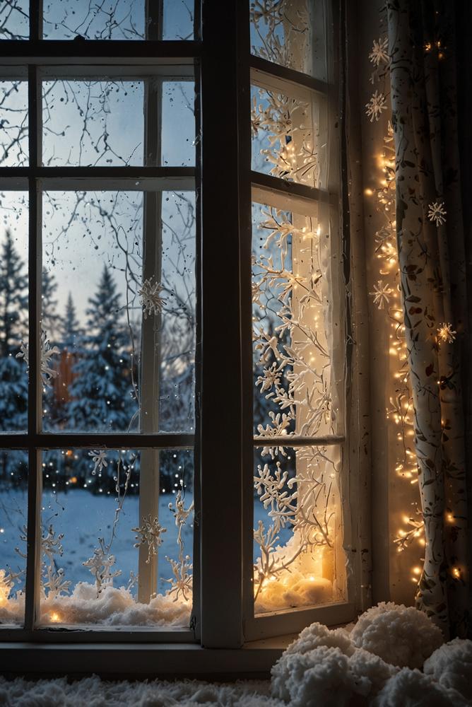 Weihnachtlich dekorierter Fensterrahmen mit Frostspray und Schnee