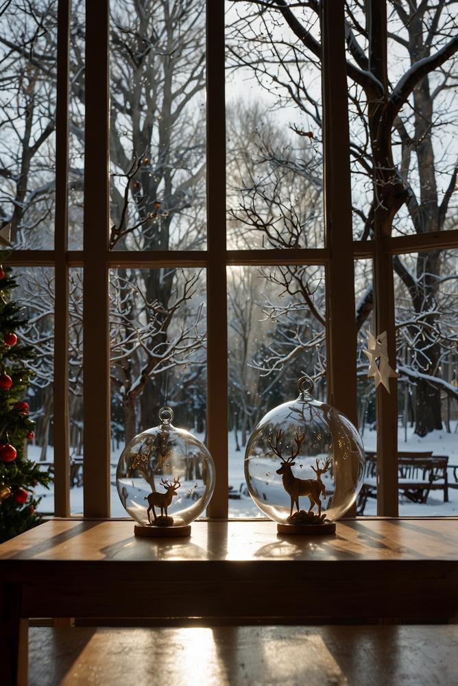 Weihnachtlich dekorierter Fensterrahmen mit Glaskugeln und Holzanhängern