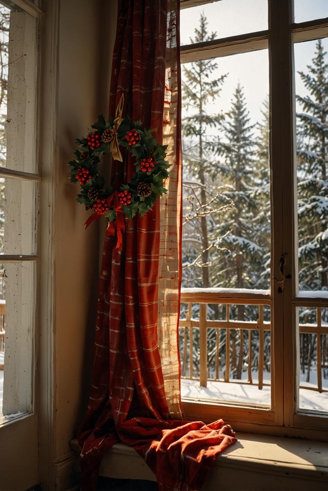 Weihnachtlich dekorierter Fensterrahmen mit Stoffband und Beerenzweigen