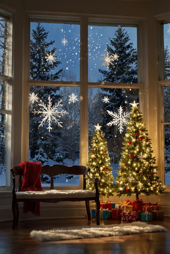 Lichtdurchfluteter Fensterrahmen mit weihnachtlichen Folien