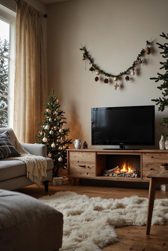 Fernseher-Weihnachtswand mit Kunstschnee und Filzfiguren