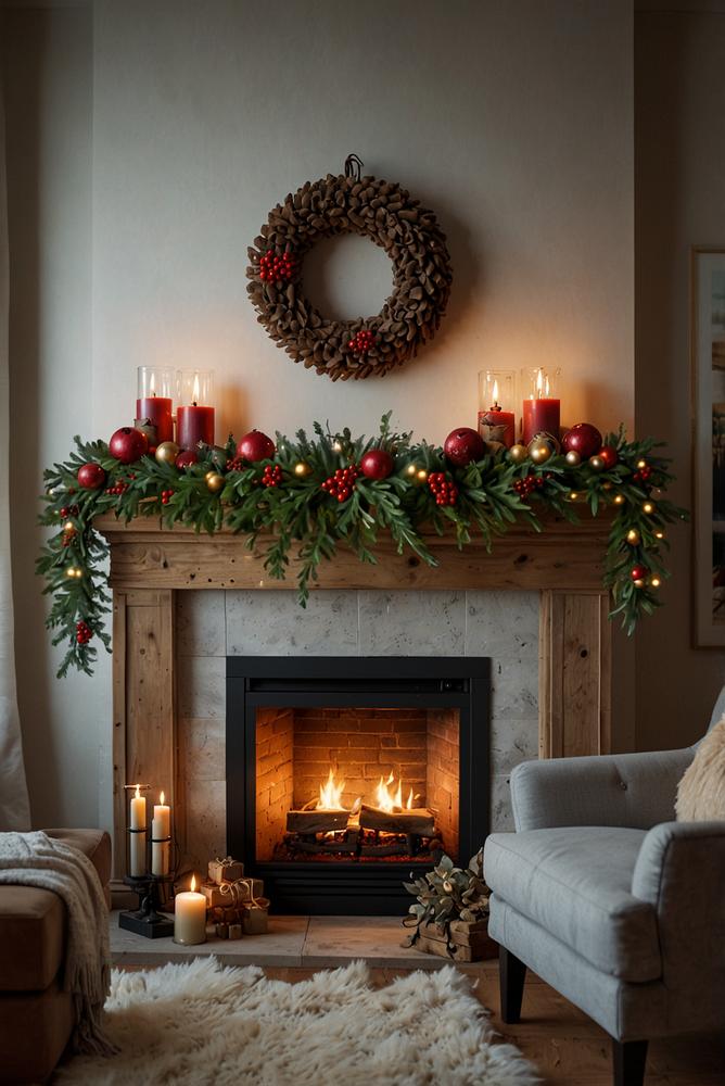 helle festliche tannenzweig-girlande an wohnzimmerwand