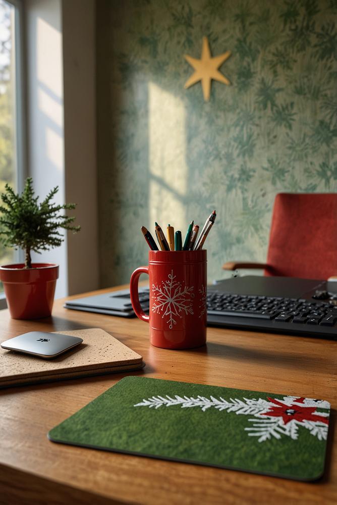 Helles Home-Office mit festlichem Mauspad und Untersetzern