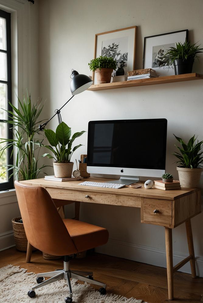 Heller Homeoffice Schreibtisch mit Pflanzen in hellem Raum