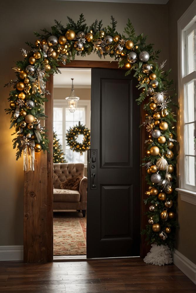 Glänzender Türkranz mit Metallic Weihnachtsdeko an Haustür