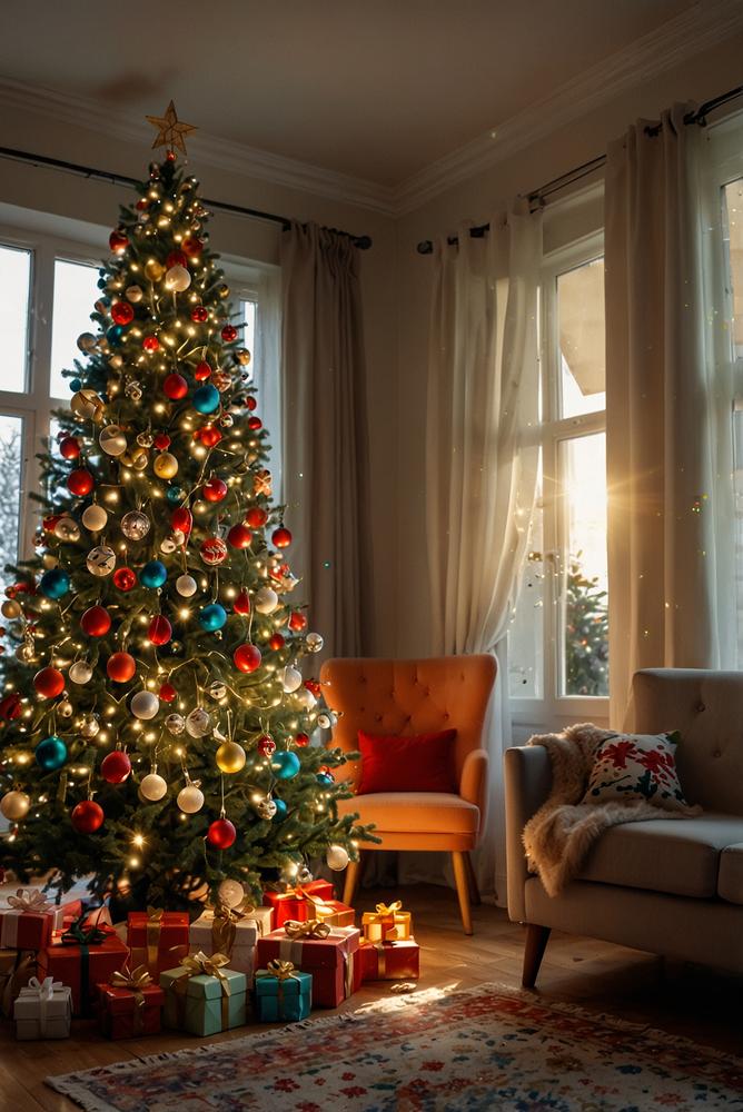 Weihnachtsbaum mit funkelnden Kugeln und Lichtern im hellen Raum