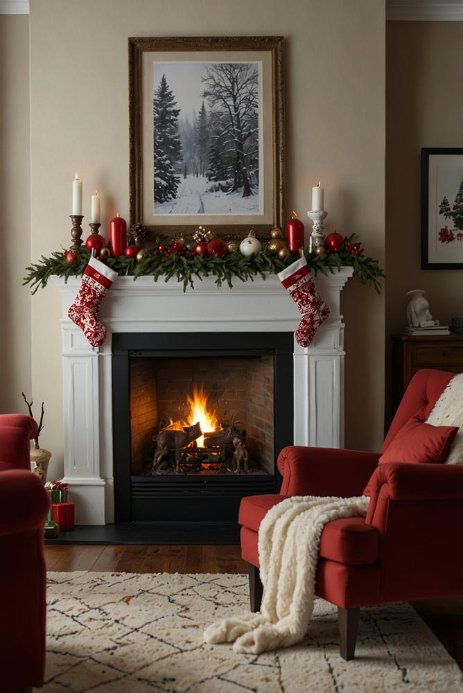 Gefütterte Weihnachtsstrümpfe am Kaminsims in festlicher Dekoration