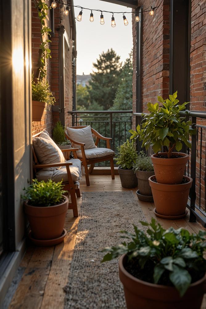 Helle Balkon-Oase mit Lichterketten und Pflanzen im Winter