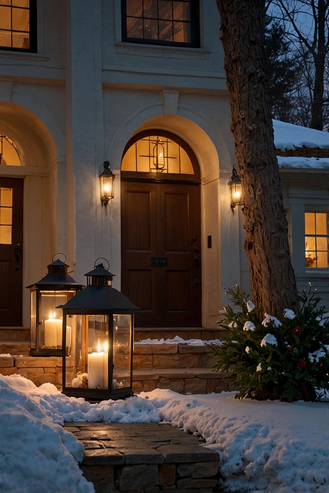Gemütliche Laternen mit Kerzen auf der Haustreppe im Winter