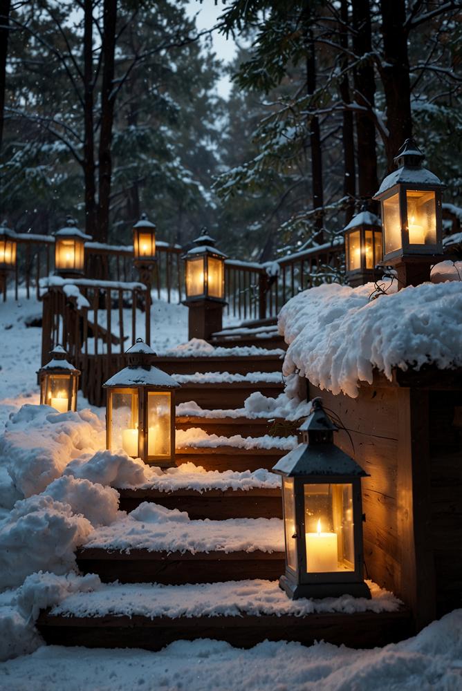 Treppenstufen mit Laternen und Kunstschnee winterlich dekoriert