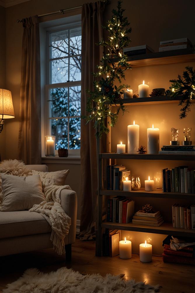 Weihnachtlich dekoriertes Bücherregal mit Kerzen und Lichtern