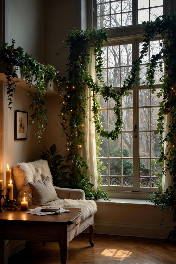 Fenster mit Pflanzenkaskade und warmen Lichterketten zu Weihnachten