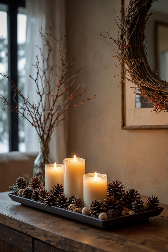 Großer Kerzenteller im winterlichen Eingangsbereich