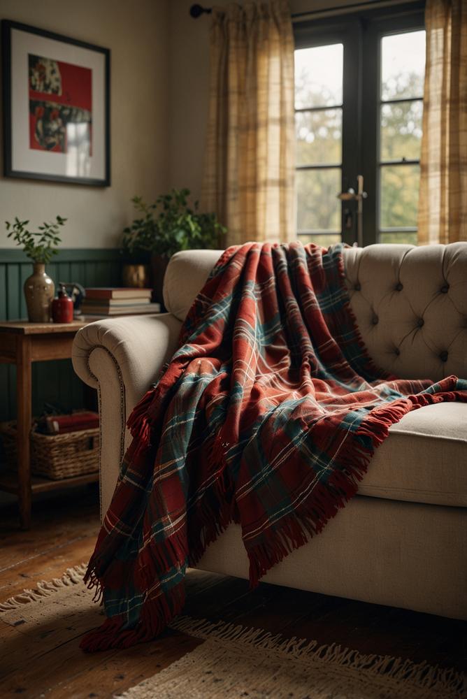 Helles Wohnzimmer mit gewebten Tartan-Decken auf Sofa