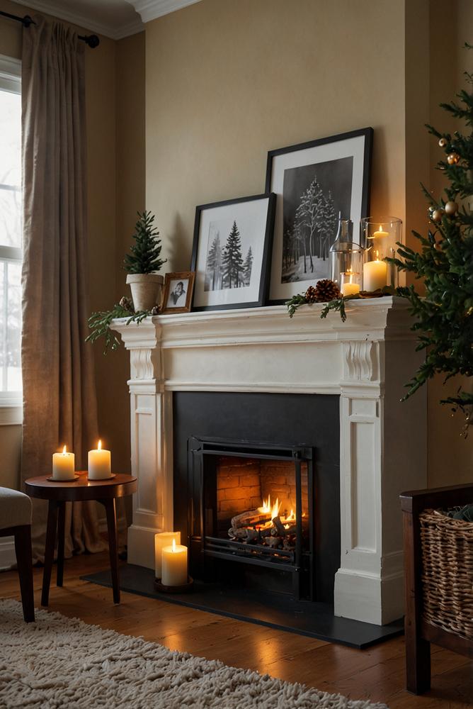 Kaminmantel mit Kerzen und warmem Licht