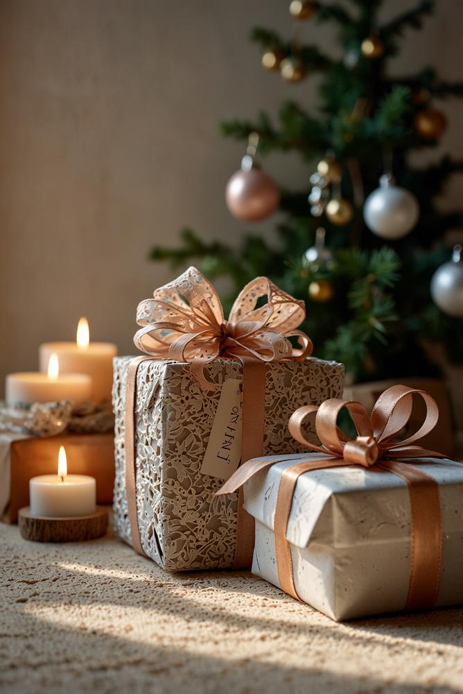 Weihnachtsgeschenke shabby chic pastellfarben mit Spitzenbändern