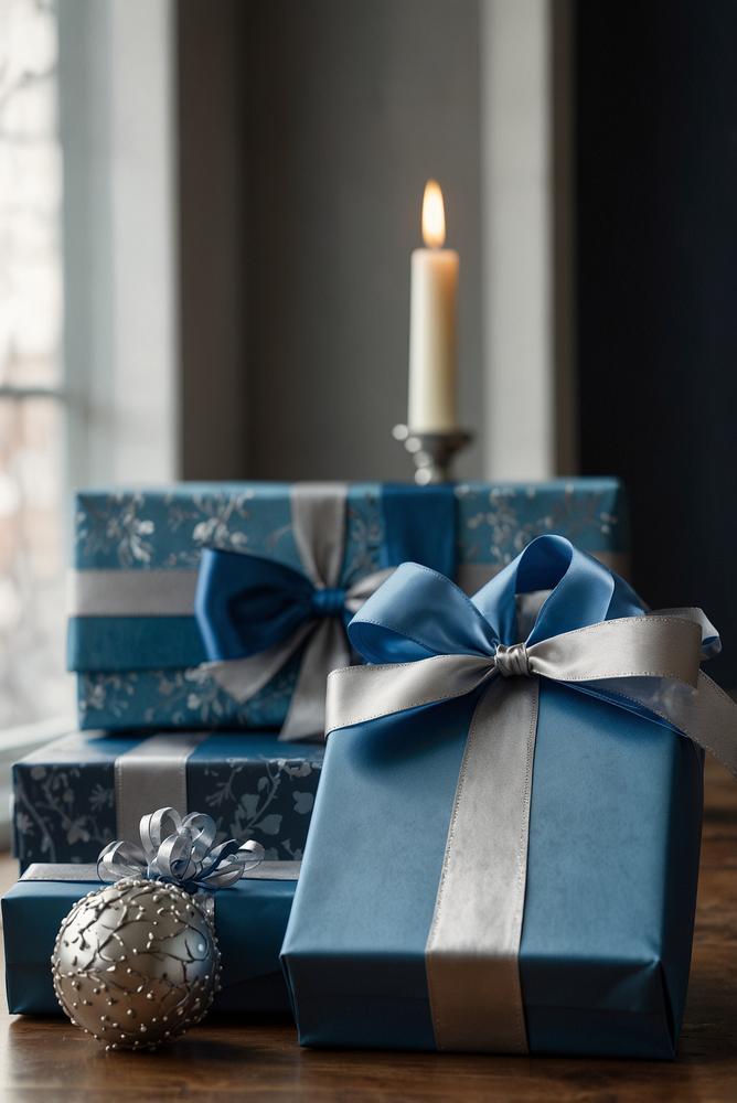 Geschenkverpackungen mit blauer und silberner Weihnachtsdeko