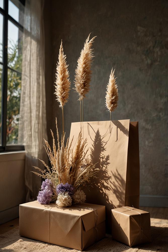 Geschenkverpackungen mit trockenen Blumen-Ansteckern hell und einladend