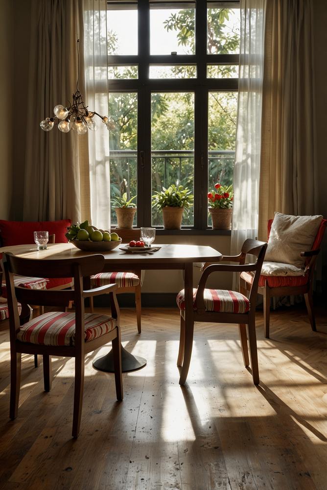 Esszimmerstuehle mit gestreiften Sitzkissen hell und einladend