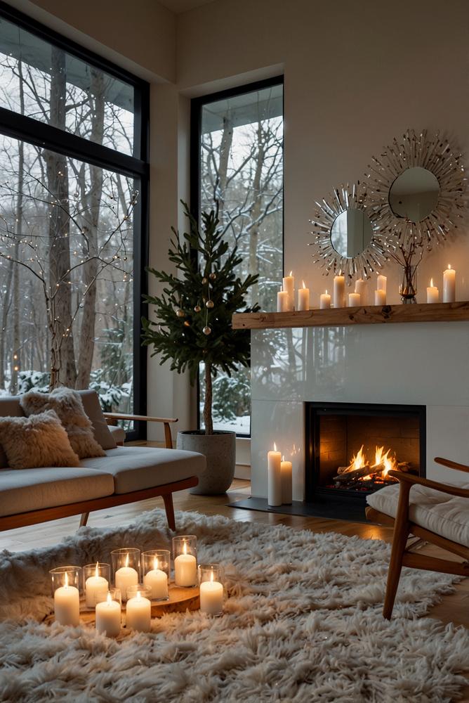 Glasmobile mit Sternen und klaren Kugeln über dem Kamin