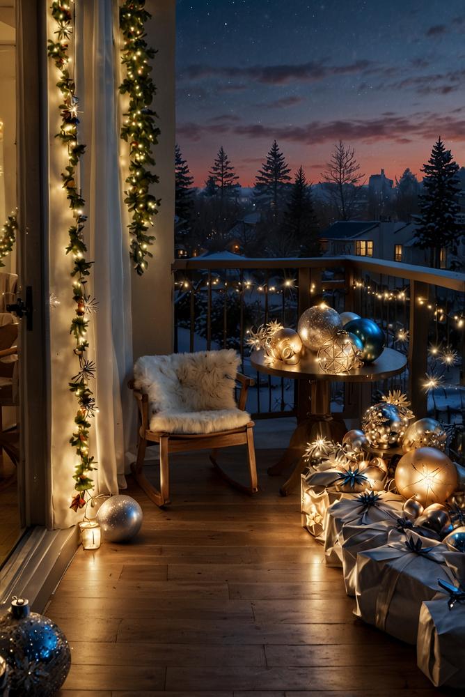 Heller Balkon mit glitzernder Weihnachtsdeko und Außenlichtern