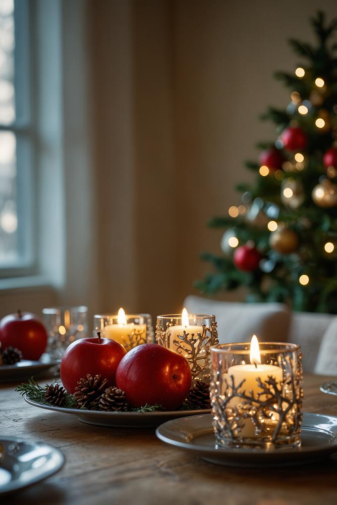 Glitzerndes Weihnachts-Centerpiece mit Kerzen auf Esstisch