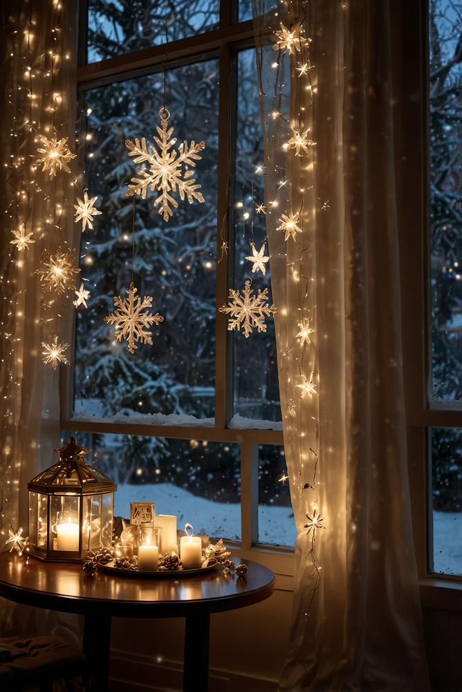 Weihnachtsdeko Fenster mit funkelndem Lichtervorhang