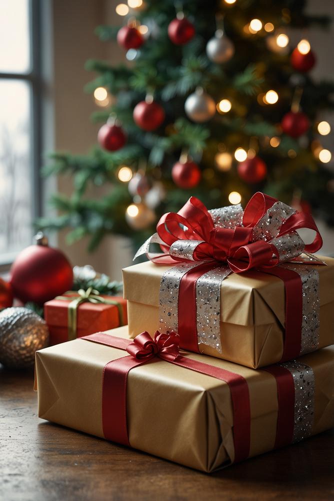 Helle festliche Weihnachtsgeschenke mit glitzernden Bändern und Anhängern