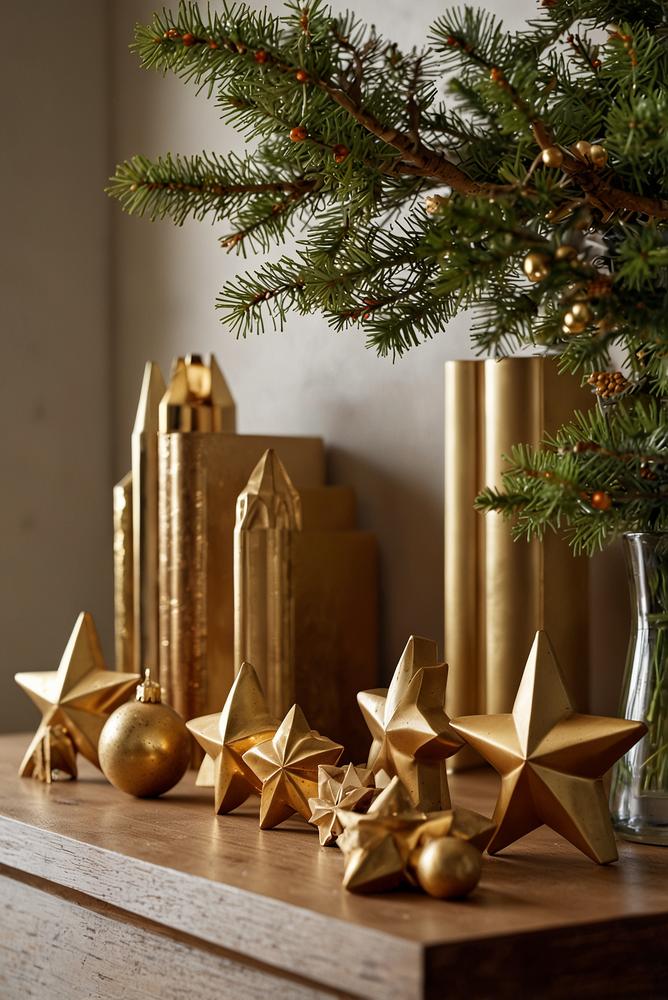 Regal mit goldenen Buchstützen und Weihnachtsfiguren festlich