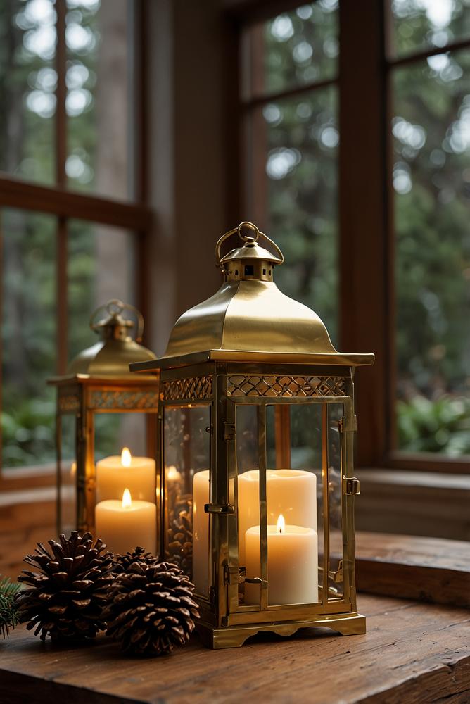 Fensterbank mit goldenen Laternen und Tannenzapfen hell und festlich
