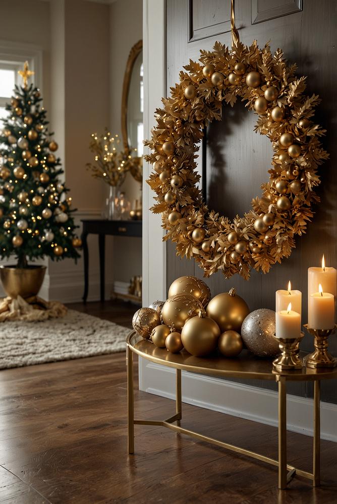 Weihnachtlicher Eingangsbereich mit goldenem Türkranz und Schale