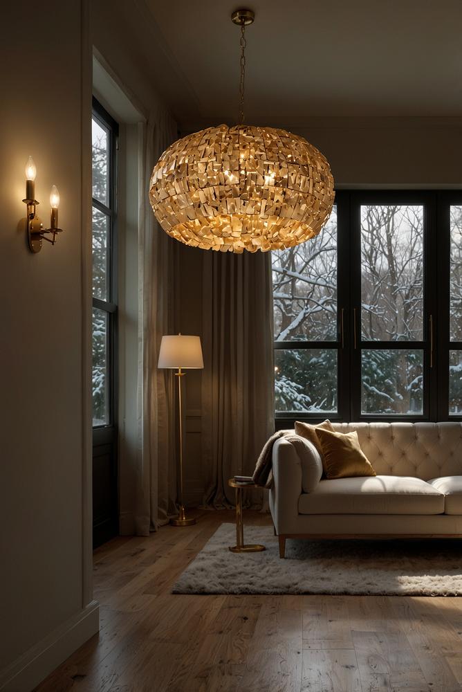 Stehlampe mit goldenen Anhängern in hellem Raum