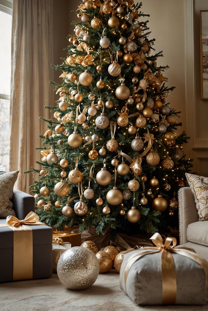 Goldener Weihnachtsbaum mit matten und glänzenden Kugeln