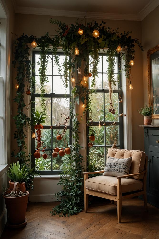 Helle, einladende Pflanzenampeln mit Weihnachtsdeko im Raum