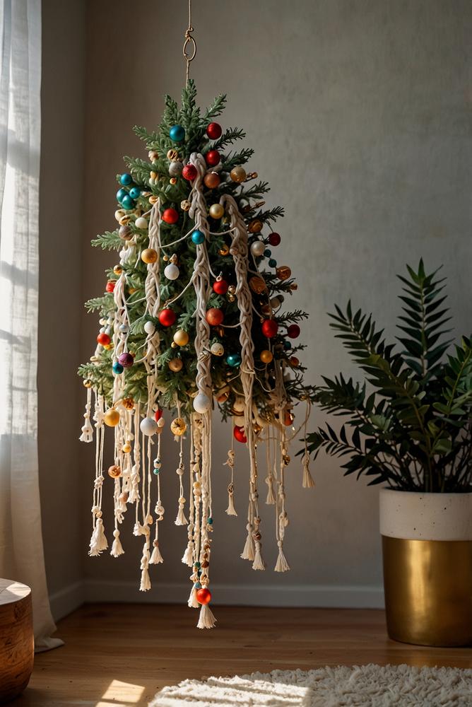 Hängender Mini-Weihnachtsbaum aus Makramee in heller Wohnung