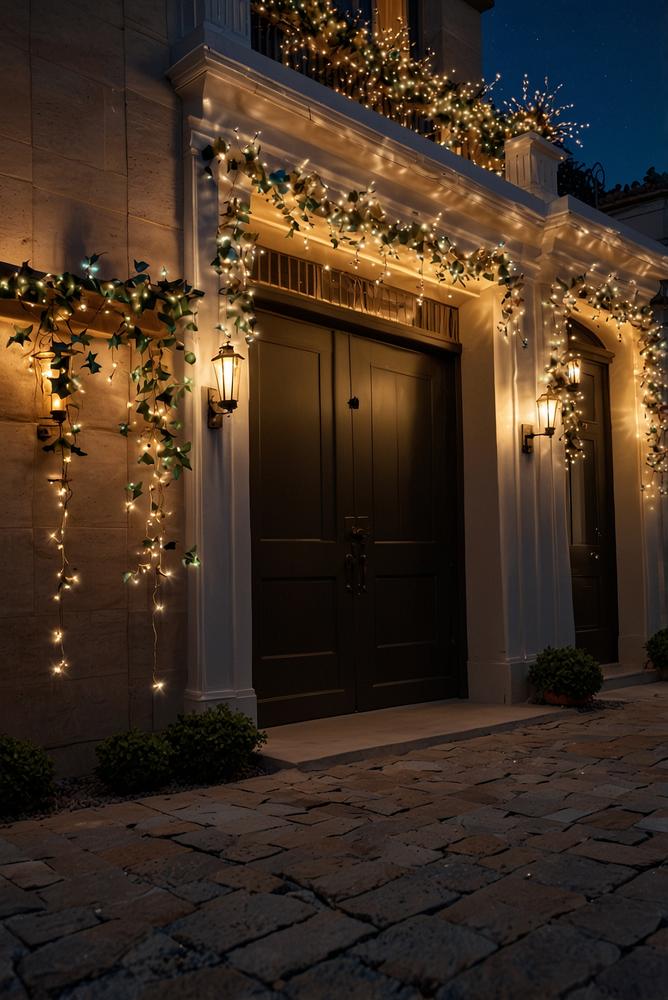 Hausfassade zu Silvester mit stimmungsvoller Beleuchtung und Farbe