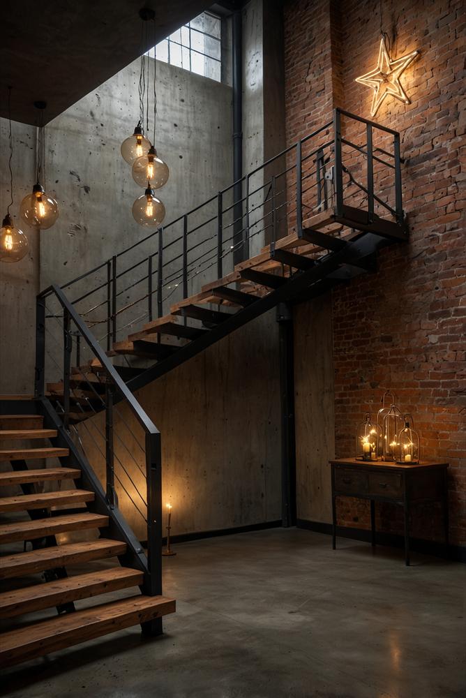 Industrielle Metall-Weihnachtsdeko im modernen Treppenhaus