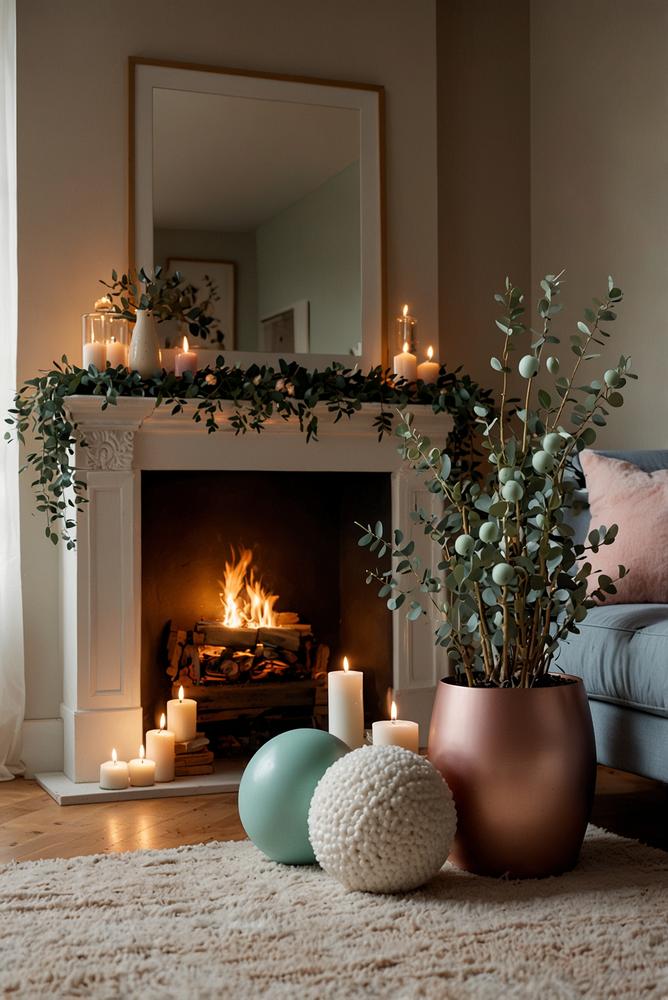 Kamin mit Eukalyptus und pastellfarbenen Ornamenten hell und einladend