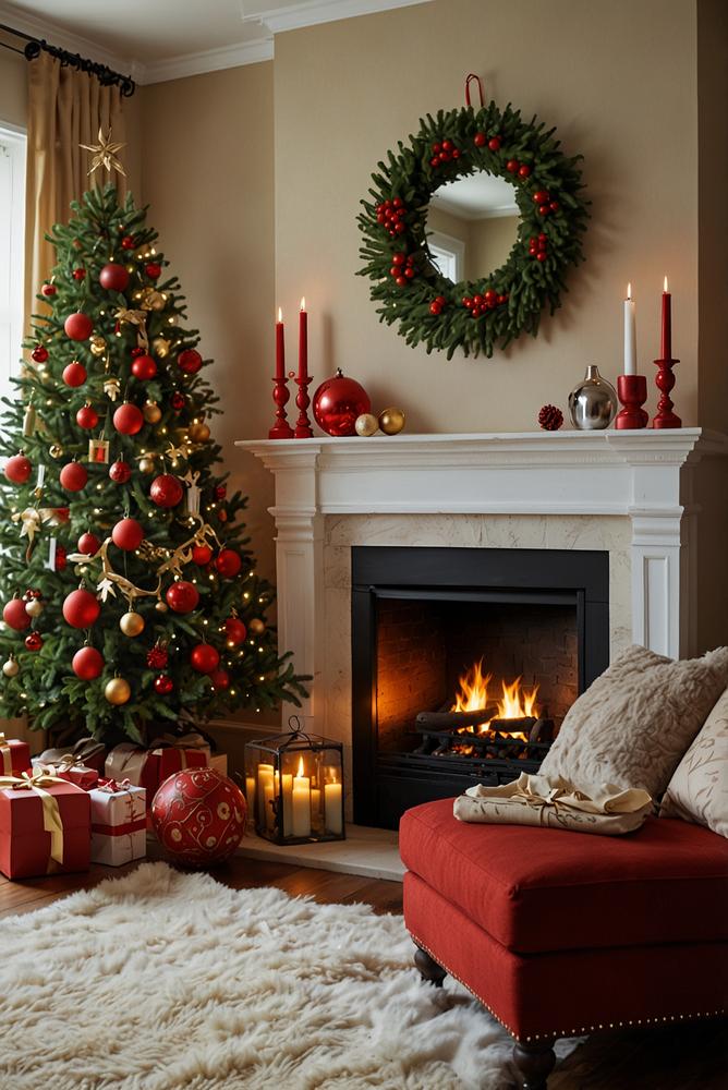 Kamin mit klassischer Tannengirlande und roten Weihnachtskugeln