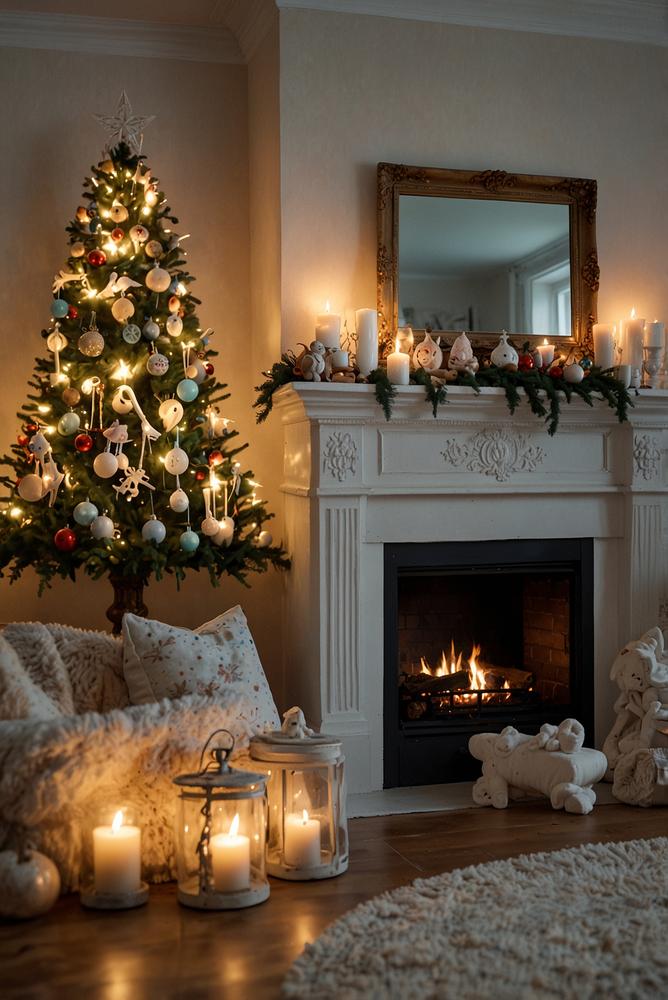 Kaminweihnachtsdeko Shabby Chic mit Pastelltönen und Nostalgie