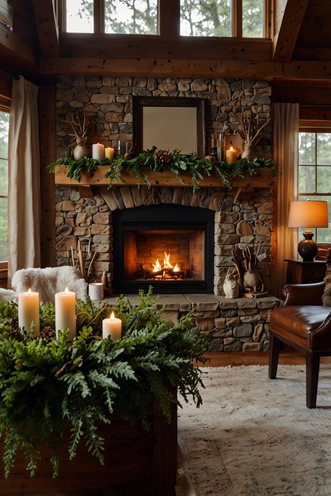 Kaminaufsatz mit Pflanzen und rustikaler Weihnachtsdeko