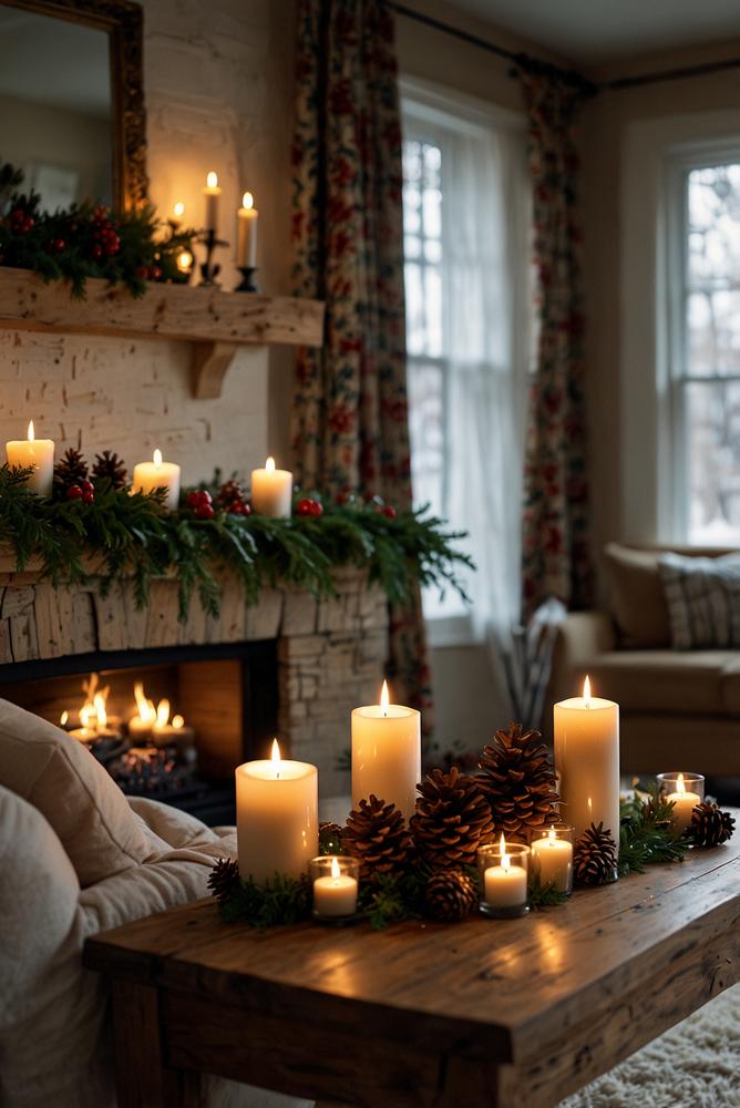 Kaminmantel dekoriert mit Kerzen und Fichtenzweigen im Winter