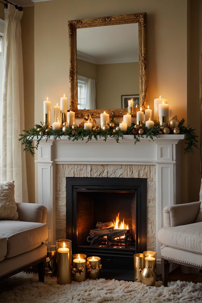 Kaminmantel mit goldenen Girlanden und Kerzen festlich dekoriert