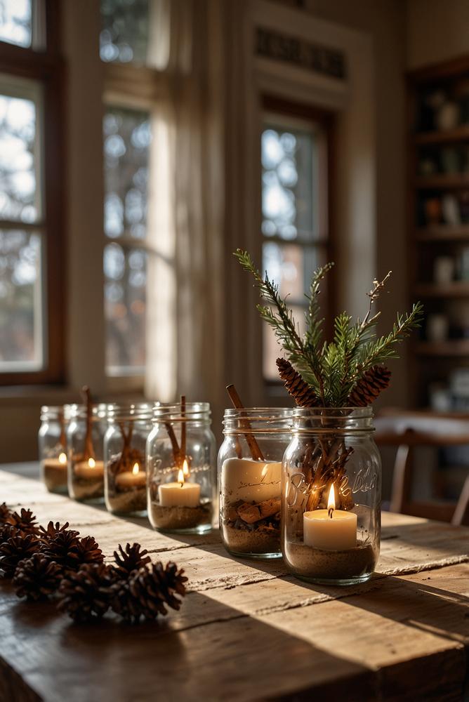 Einmachgläser mit Kerzen als gemütliche Winterdeko