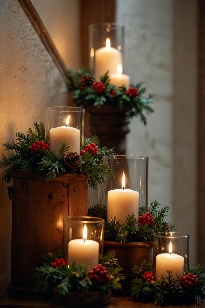 Weihnachtlicher Kerzenhalter-Minikranz an heller Treppenhauswand