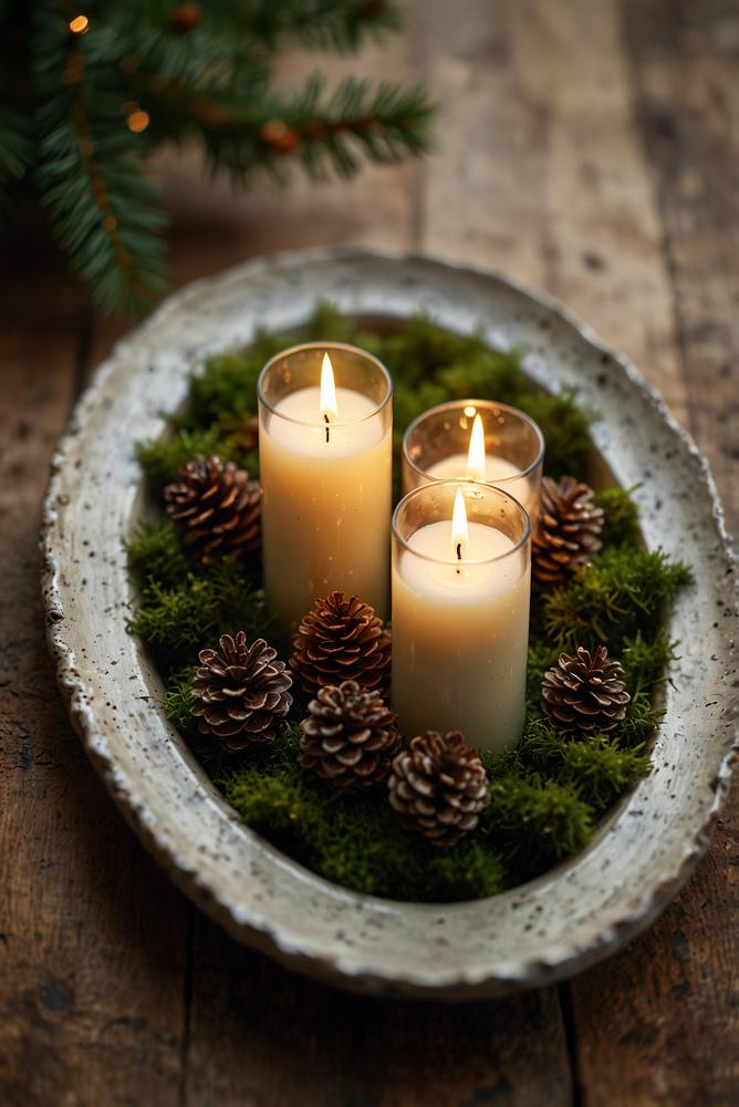 Kerzenteller mit Moos, Zapfen und Zweigen in hellem Raum